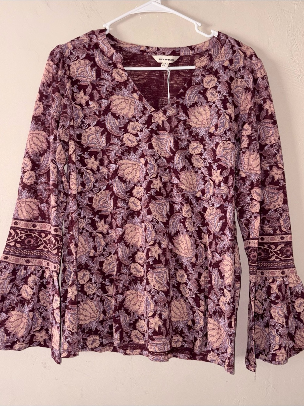 NWT Lucky Brand Women's Burgundy Floral V-Neck Bell Sleeve Top S